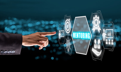 Mentoring concept, Business woman hand touching mentoring icon on virtual screen with blue bokeh background.