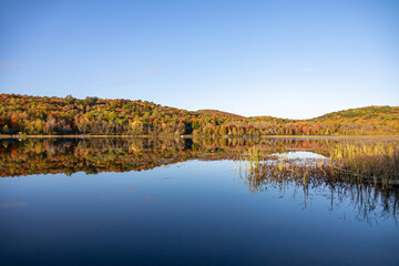 The still waters of Cranberry Lake in Haliburton, Ontario reflect the Autumn colours of the surrounding forest.