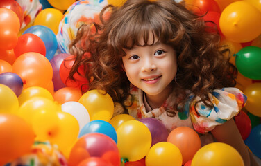 Obraz premium Happy young Korean girl 5 years old playing balloons background
