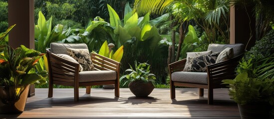 Modern garden furniture on a verandah photographed - obrazy, fototapety, plakaty