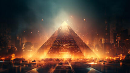 pyramid with smoking lights on the sides,warm sci-fi viewed from above 3d generative ai - obrazy, fototapety, plakaty