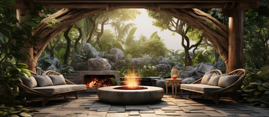 Lush garden with zen decor torii arch fire pit outdoor seating stone beds and various foliage - obrazy, fototapety, plakaty