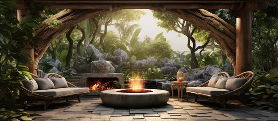 Gordijnen Lush garden with zen decor torii arch fire pit outdoor seating stone beds and various foliage © AkuAku