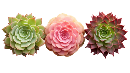 three different succulents / echeveria plants without pots isolated over a transparent background, natural interior or garden design elements, top view / flat lay, PNG