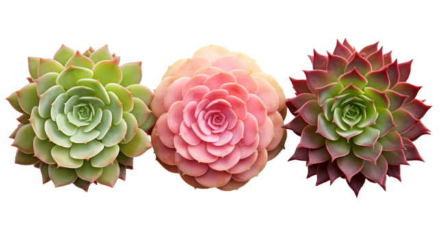 three different succulents / echeveria plants without pots isolated over a transparent background, natural interior or garden design elements, top view / flat lay, PNG