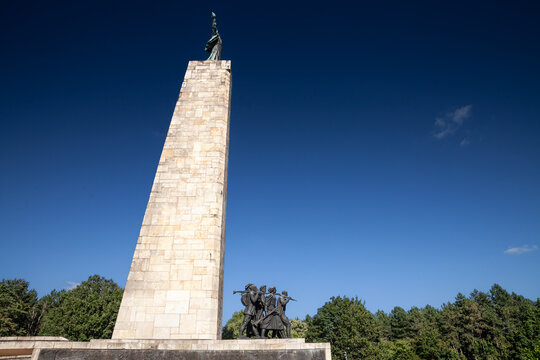 FRUSKA GORA, SERBIA - AUGUST 12, 2023: Sloboda memorial, or spomenik na vencu near novi Sad, Serbia. It is a communist yugoslav monument in memory of soldiers who died in WWII, built in 1965.