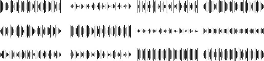 set of Music player sound bar. Audio speech spectrum noise collection. Sound waves of voice. Record interface. Equalizer icons with soundwave line isolated on transparent background.