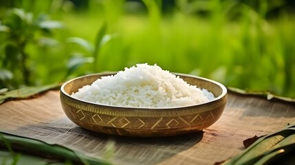 Asian white rice or uncooked white rice with the rice field back ai generate