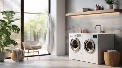 Modern washing machine in a contemporary bathroom - obrazy, fototapety, plakaty