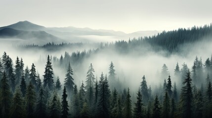 Misty mountain landscape. Fir trees foregrounding a fog-shrouded forest - obrazy, fototapety, plakaty