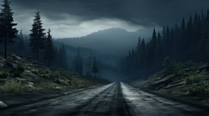 Desolate mountain road skirting a dense forest under a cloudy dusk