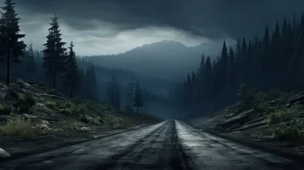Foto op Canvas Desolate mountain road skirting a dense forest under a cloudy dusk © PRI