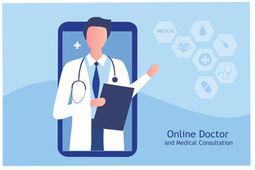 Online doctor and medical consultation concept. Online consultation with doctor service vector illustration. Online medical service and telemedicine concept