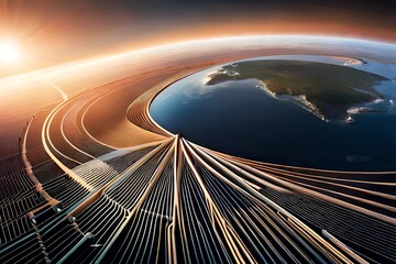 Connection lines around the Earth's surface, future technology backdrop with circles and lines. Internet, social media, travel, or logistical concepts
