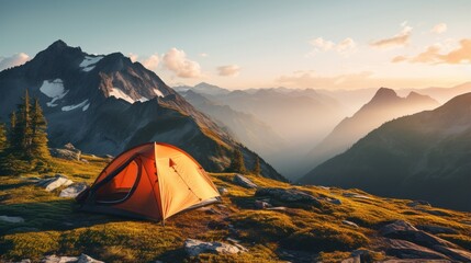 Mountain campsite with a prominent tent - obrazy, fototapety, plakaty