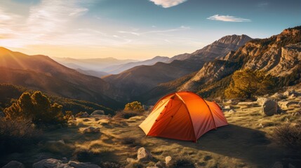 Mountain campsite with a prominent tent