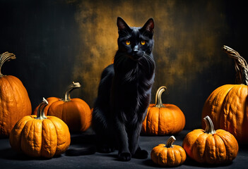 Halloween illustration with a black cat and pumpkins
