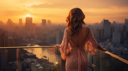 Elegant woman relishing the sunset from a high-rise balcony - obrazy, fototapety, plakaty