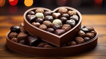 Heart-shaped chocolate box set on a wooden table