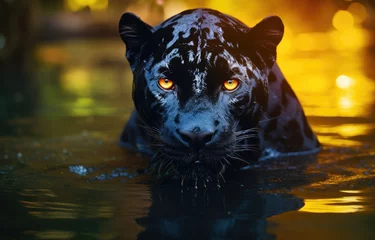 Poster Black jaguar in the waters of a river brook, in the forest, created with AI © Timeless_art