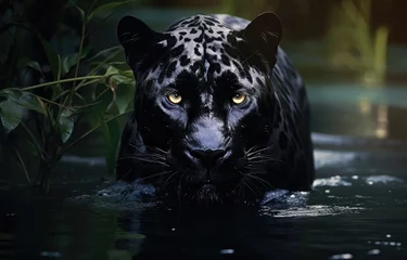 Zelfklevend Fotobehang Black jaguar in the waters of a river brook, in the forest, created with AI © Timeless_art