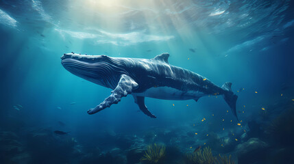 a large whale swimming underwater - obrazy, fototapety, plakaty