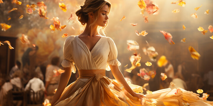 H&uuml;bsche Frau mit wundersch&ouml;nen Kleid und gelockten Haar im fliegenden Blumen Hintergrund mit edlen Visagistik Make up als Poster Portr&auml;t, ai generativ