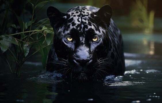 Black jaguar in the waters of a river brook, in the forest, created with AI