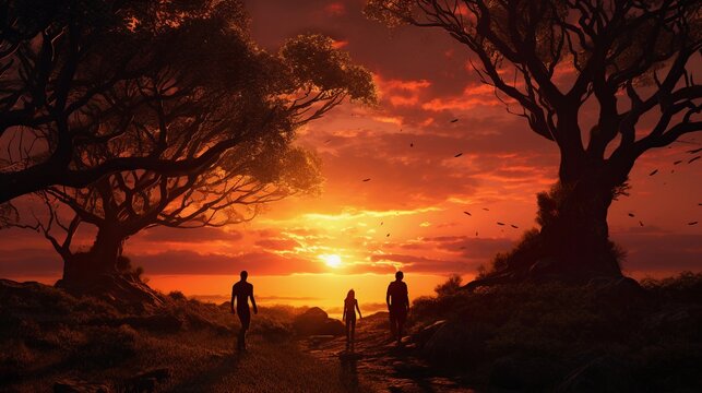 A scene featuring silhouettes of trees or landmarks set against a radiant sunset, background image, generative AI