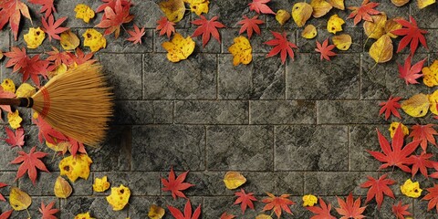 illustration of sweeping dry leaves in autumn concept, 3d render