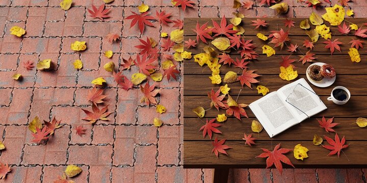book on top of wooden table with a plate of donut and a cup of black coffee with dry leaf autumn scatter, illustration of relaxing in the park in autumn season, 3d render