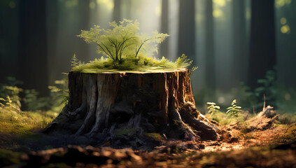a tree growth is starting from a stump in the forest
