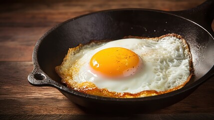 Perfectly fried egg glistening on a cast iron skillet