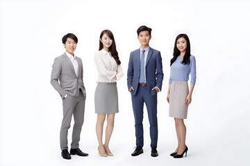 Portrait of standing in row smiling teacher team embracing looking at camera. Teacher team photographing posing for camera, in white background. Generative AI.