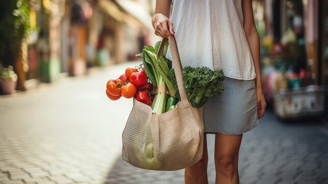 Woman carries fresh produce in an eco friendly net bag on the streets