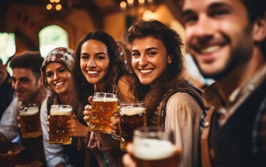 A group of people in traditional Bavarian clothing, holding full glasses of beer and pretzels. Generative AI - obrazy, fototapety, plakaty