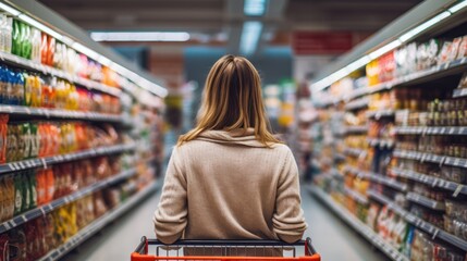 Woman navigating aisles with her shopping cart - obrazy, fototapety, plakaty