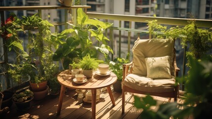 Balcony adorned with potted plants, offering a tranquil spot for tea and reading