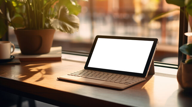 Tablet with its keyboard, ready for input in a cafe setting