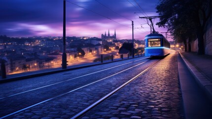 An empty road with tram tracks ascending a hill, bathed in twilight