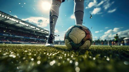 A soccer ball to kick in a sunny stadium. - obrazy, fototapety, plakaty