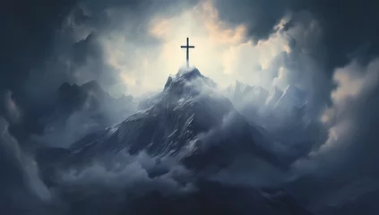 Foto op Plexiglas a cross is seen rising out of clouds above a mountain © Food gallery