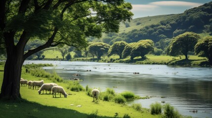 Tranquil gathering of sheep grazing on the verdant lakeside meadows - obrazy, fototapety, plakaty