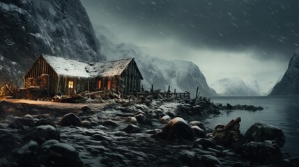Norwegian landscape with old redwood barns at the sea coast - obrazy, fototapety, plakaty