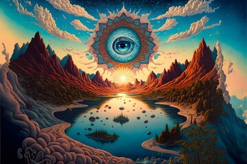 The River flows into the sky Bliss Heaven DMT Psychedelic Halcyon Trippy Phantasmagoria Dreamscape Eternal Insanely Detailed Incomprehensible Optical Illusion Hallucinogens Datura  - obrazy, fototapety, plakaty