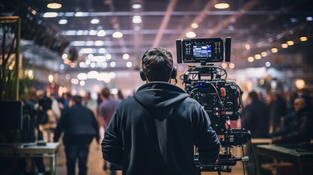 Camera operator immersed in filming an indoor event
