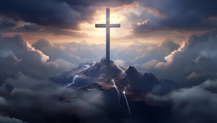 a cross is seen rising out of clouds above a mountain - obrazy, fototapety, plakaty
