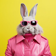 Fashion rabbit in pink faux leather jacket. Trendy pink color