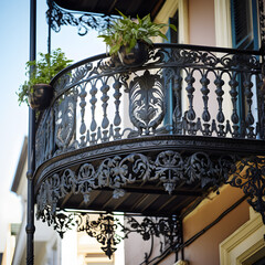 Close up of ironwork on a balcony in the French Quarter in New Orleans. A Mardi Gras and...