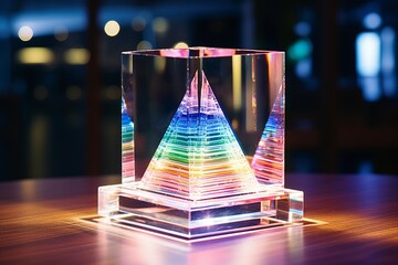  Luminous Prism Structure with Colourful Light.
Luminous glass structure with rainbow reflections.